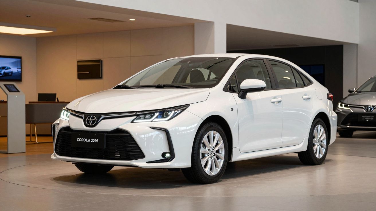 Sedán blanco modelo 2025 en un concesionario, con diseño moderno y líneas aerodinámicas.