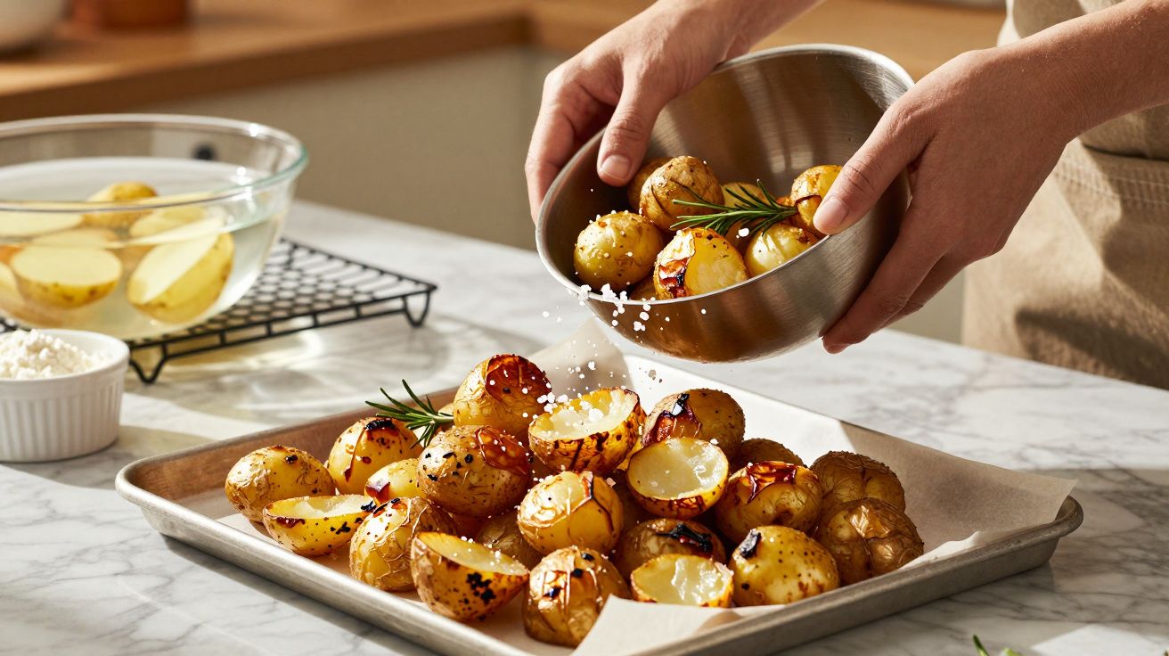 Manos sazonando patatas asadas con sal y romero en una bandeja sobre encimera de mármol en una cocina.