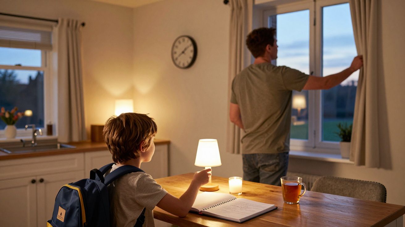 Niño con mochila sentado en una mesa con lámpara, cuaderno y taza; adulto al fondo mirando por la ventana.