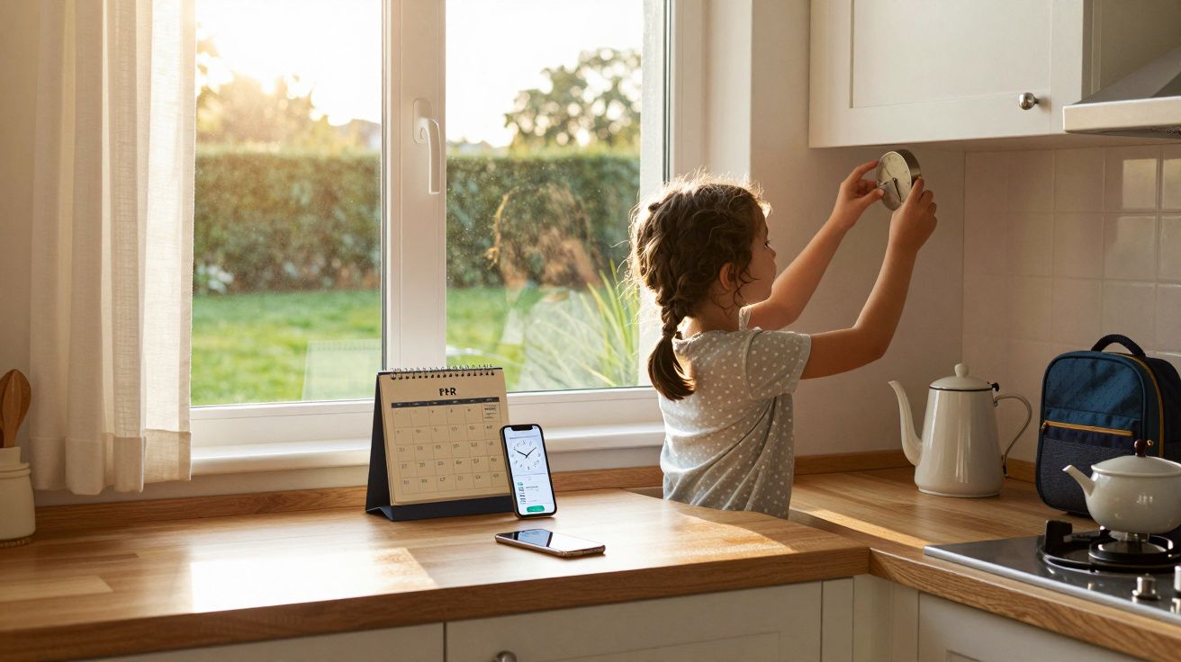 Niña colocando un dispositivo en la pared de una cocina luminosa con calendario, móvil y mochila sobre la encimera.