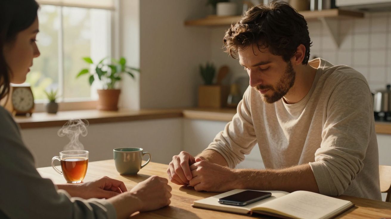 Pareja sentada en la mesa de la cocina con té y un cuaderno, conversando en un ambiente iluminado por el sol.