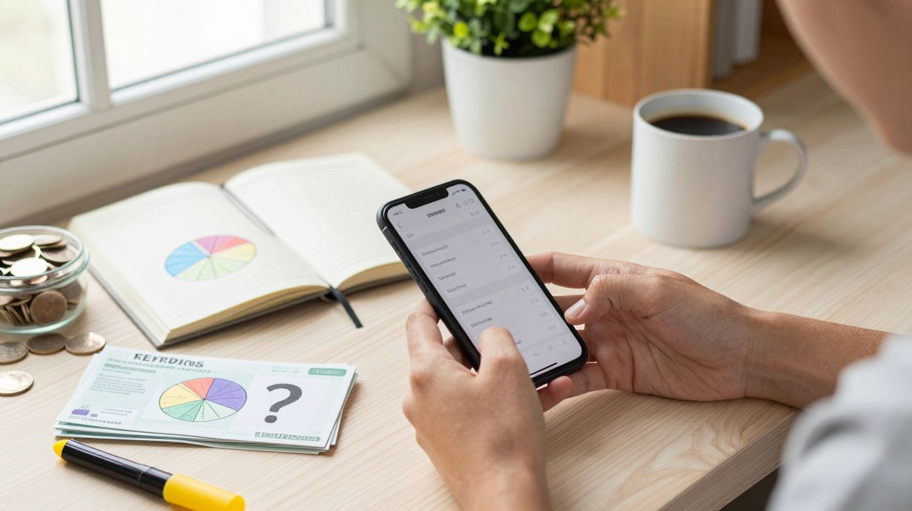 Persona usando un smartphone con gráficos y documentos sobre una mesa, cerca de una ventana y una taza de café.