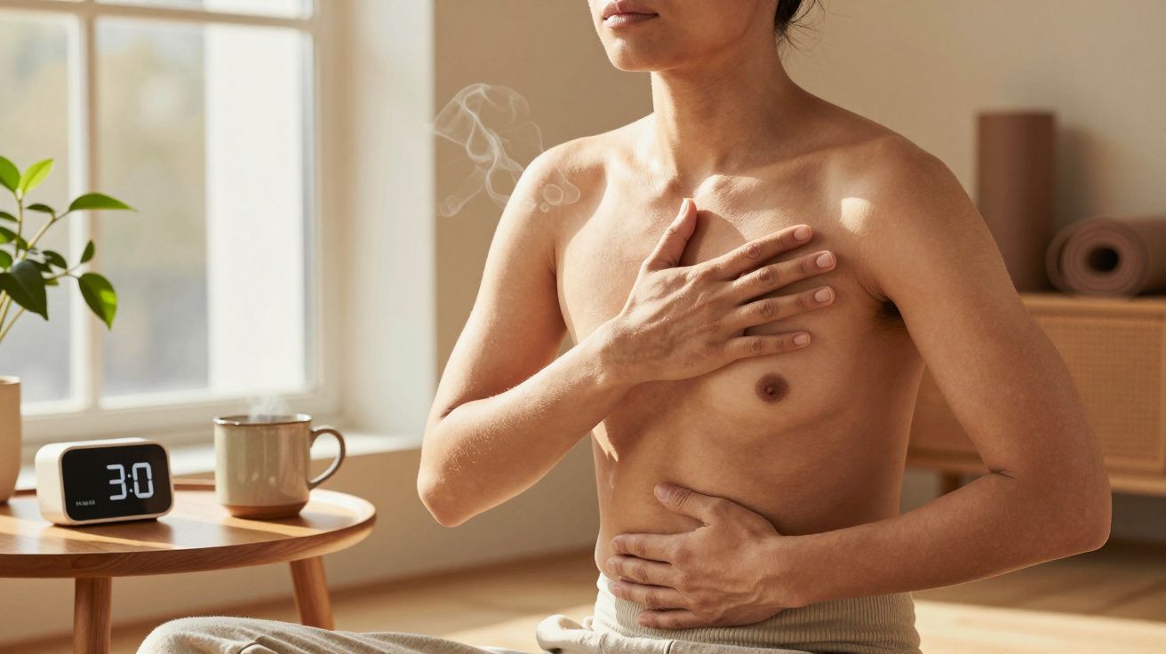 Persona practicando respiración consciente en una habitación luminosa, con una taza y un reloj en una mesa cercana.