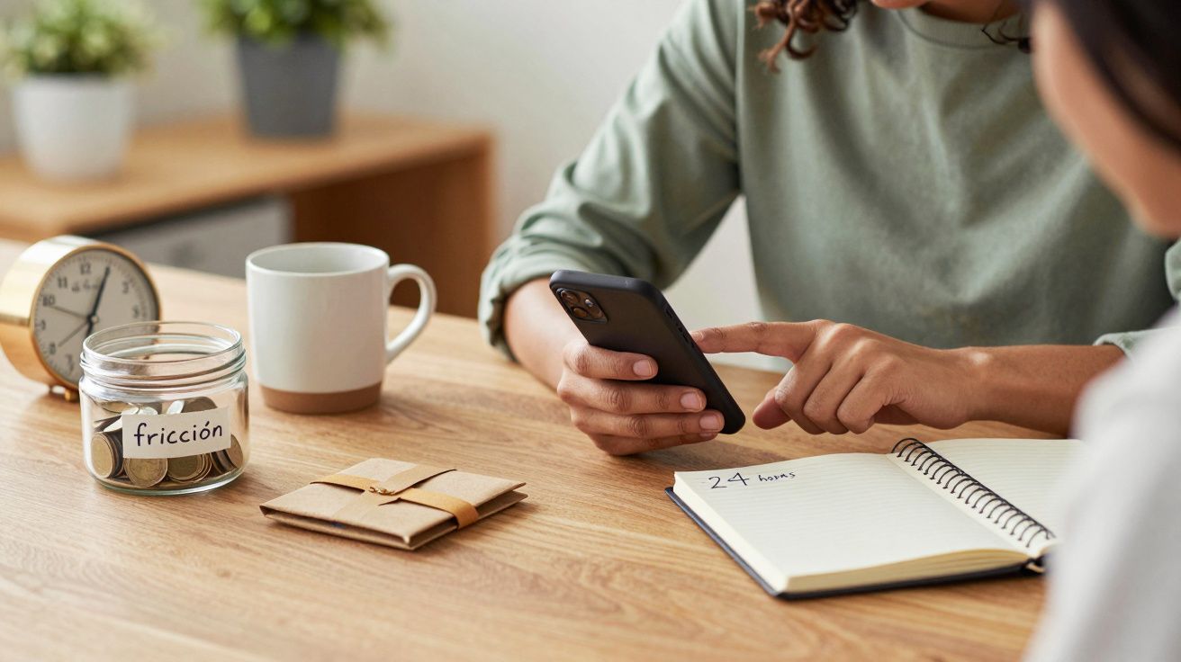 Persona usando un móvil junto a un cuaderno marcado "24 horas", un tarro con monedas y una taza sobre mesa de madera.