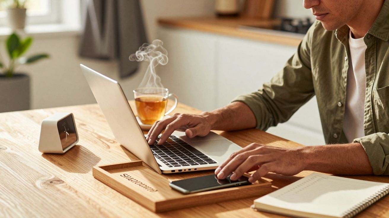 Persona usando portátil en mesa de madera, con taza de té humeante, reloj moderno, móvil y cuaderno.