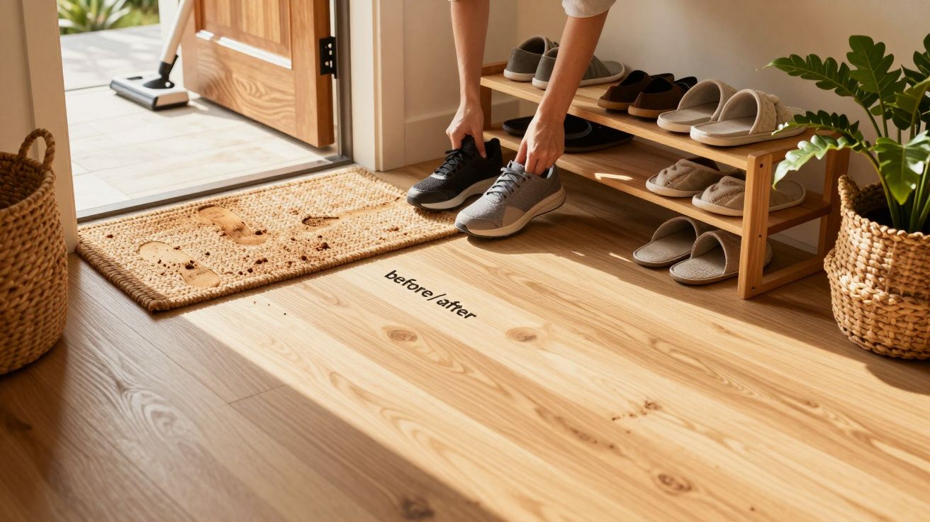 Persona cambiándose de zapatos junto a un felpudo húmedo y un zapatero; texto "before after" en el suelo.