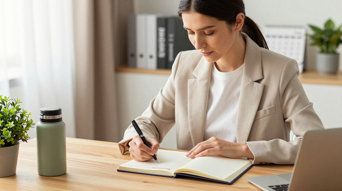 Mujer escribiendo en un cuaderno en una oficina, con una botella de agua y un portátil sobre la mesa.