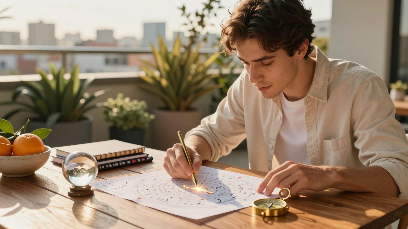 Hombre joven dibujando un mapa celeste en una terraza, rodeado de plantas y objetos de astrología.