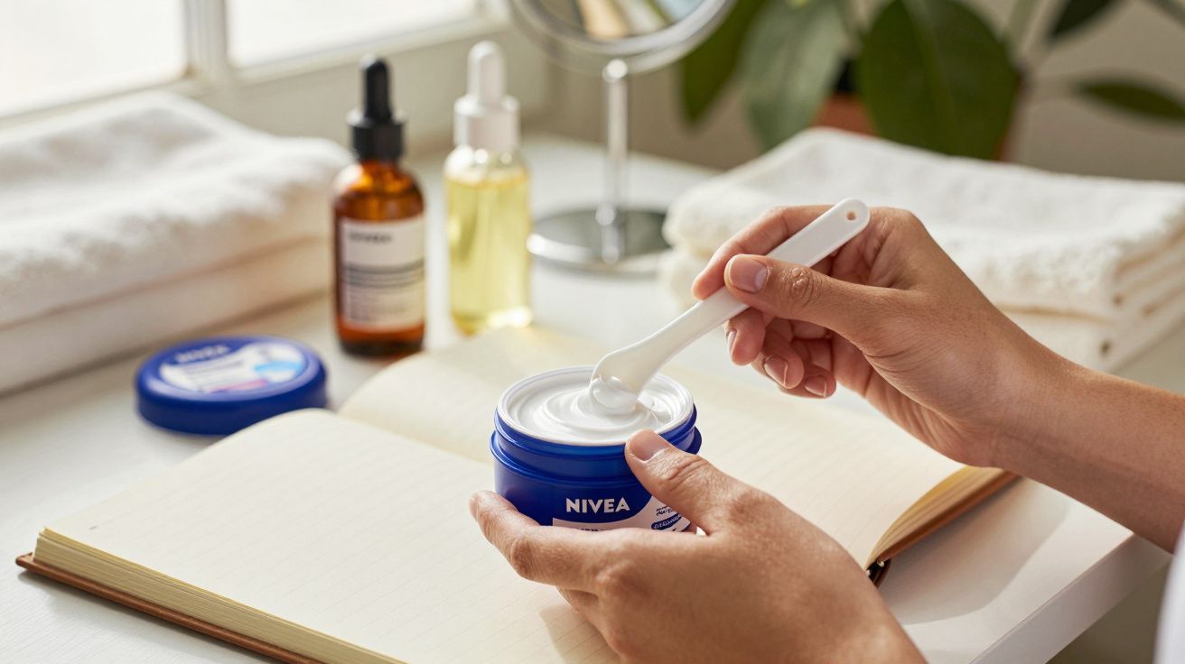 Manos aplicando crema de tarro azul Nivea con espátula sobre escritorio con libro, toallas y aceites detrás.