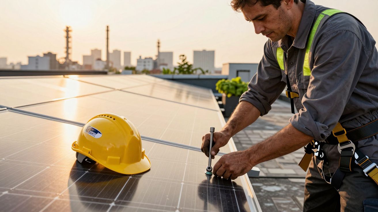 Hombre instalando panel solar en azotea al atardecer con casco amarillo cerca. Skyline de ciudad de fondo.