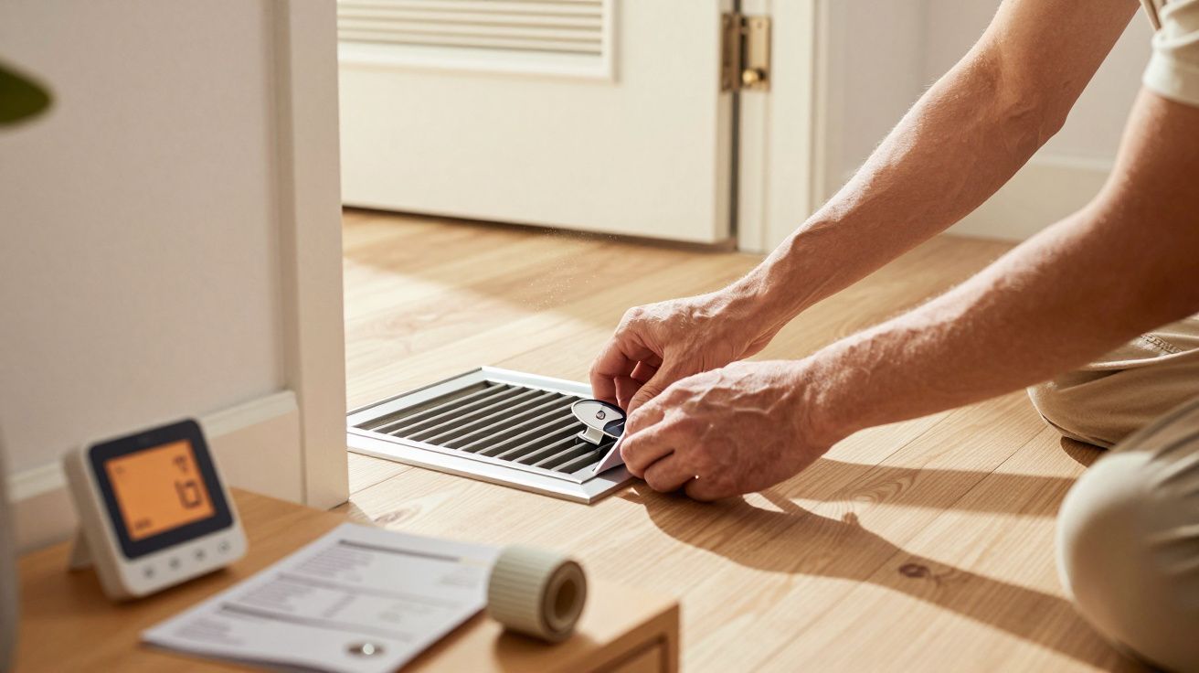 Persona ajustando una rejilla de ventilación en el suelo de una habitación iluminada, con termostato y manual cerca.