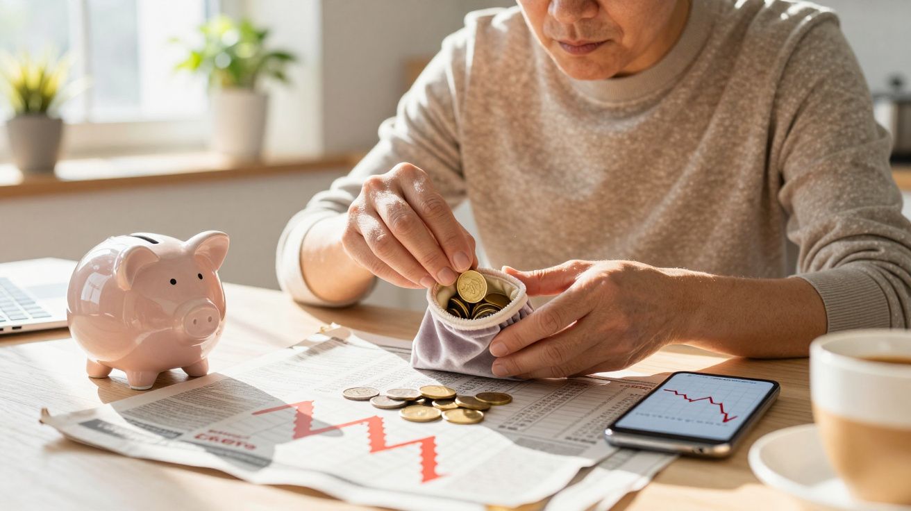 Persona contando monedas junto a una hucha, periódico y gráfico de móvil en mesa de madera iluminada por luz natural.