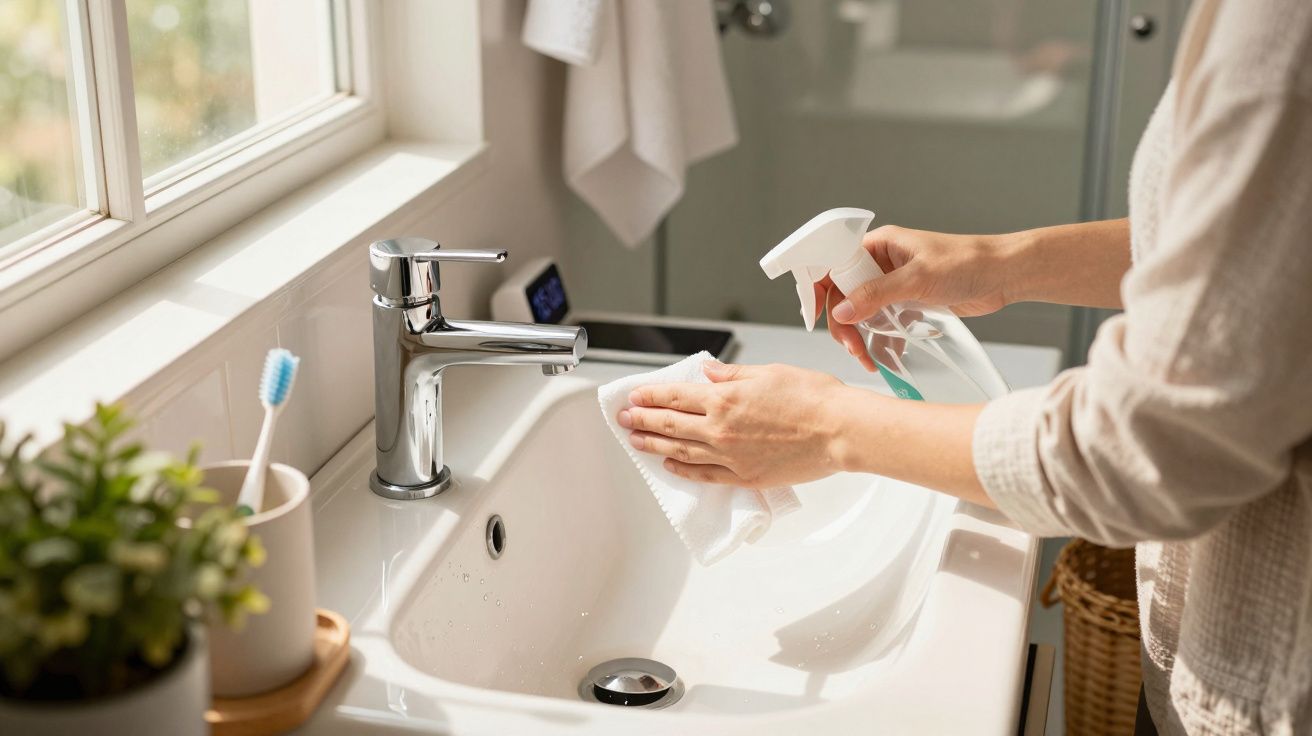 Persona limpiando un lavabo blanco con un paño y un pulverizador en un baño iluminado.