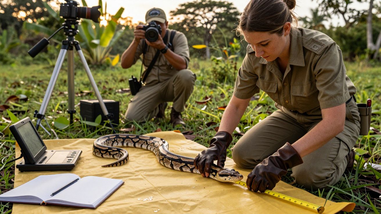 Investigadora mide una serpiente en el campo, mientras un fotógrafo documenta la escena.