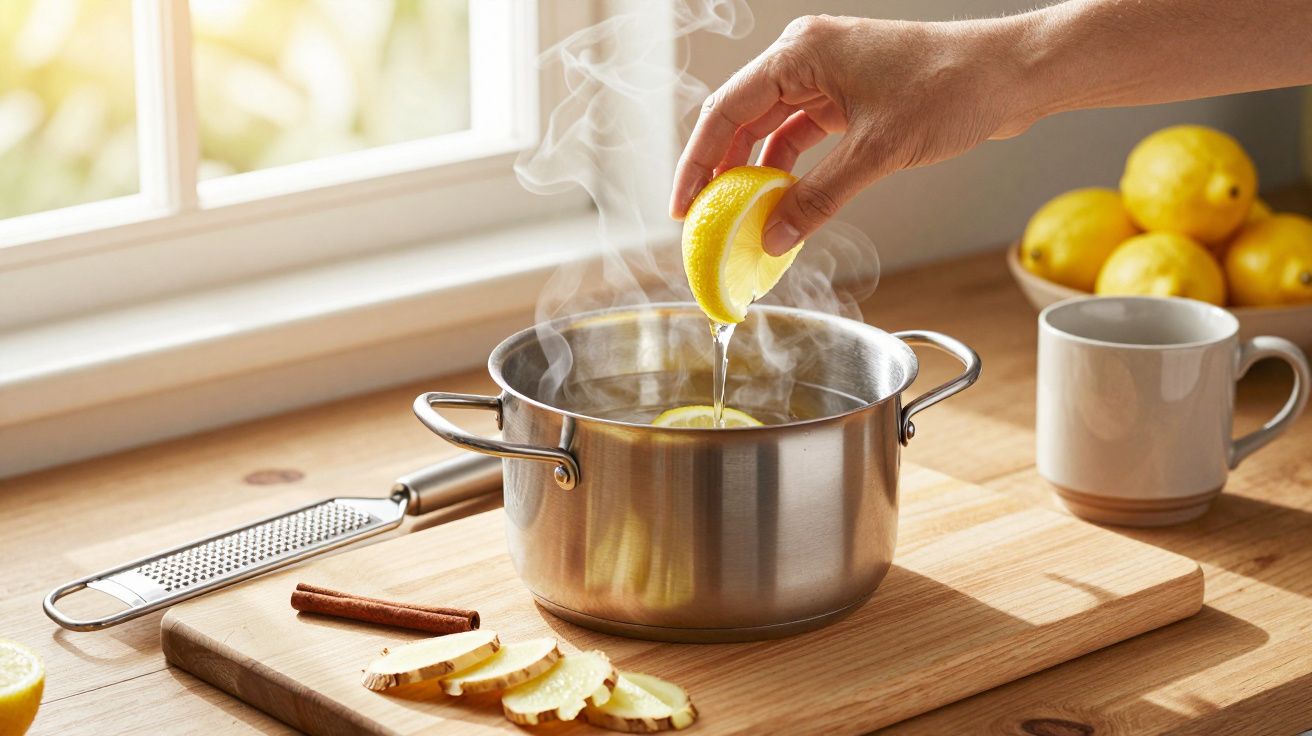 Mano exprime limón en olla con jengibre y canela sobre una tabla de cortar, taza y limones de fondo.
