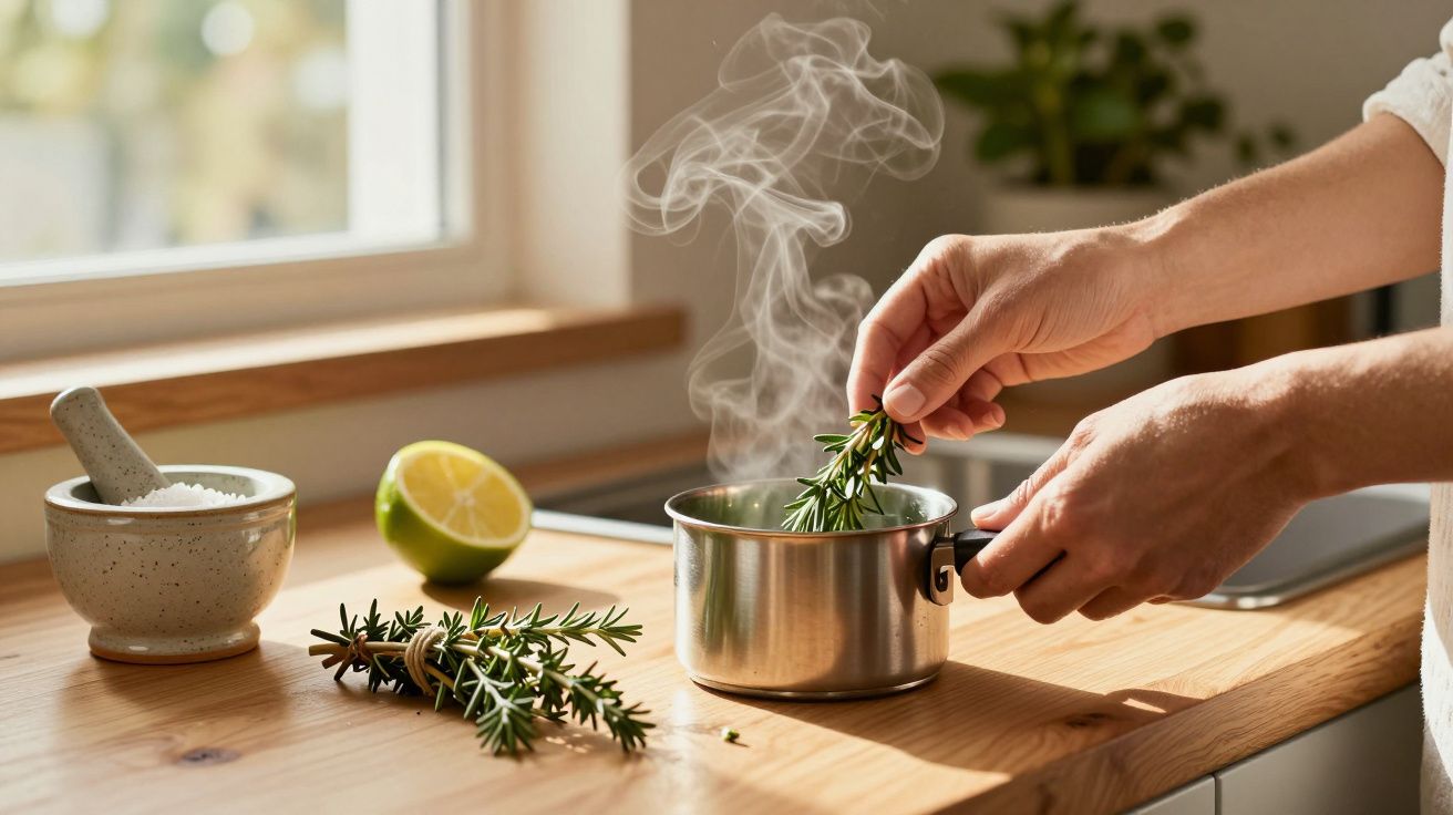 Manos agregando romero a una olla humeante en una cocina iluminada, junto a una tabla con limón y salero.