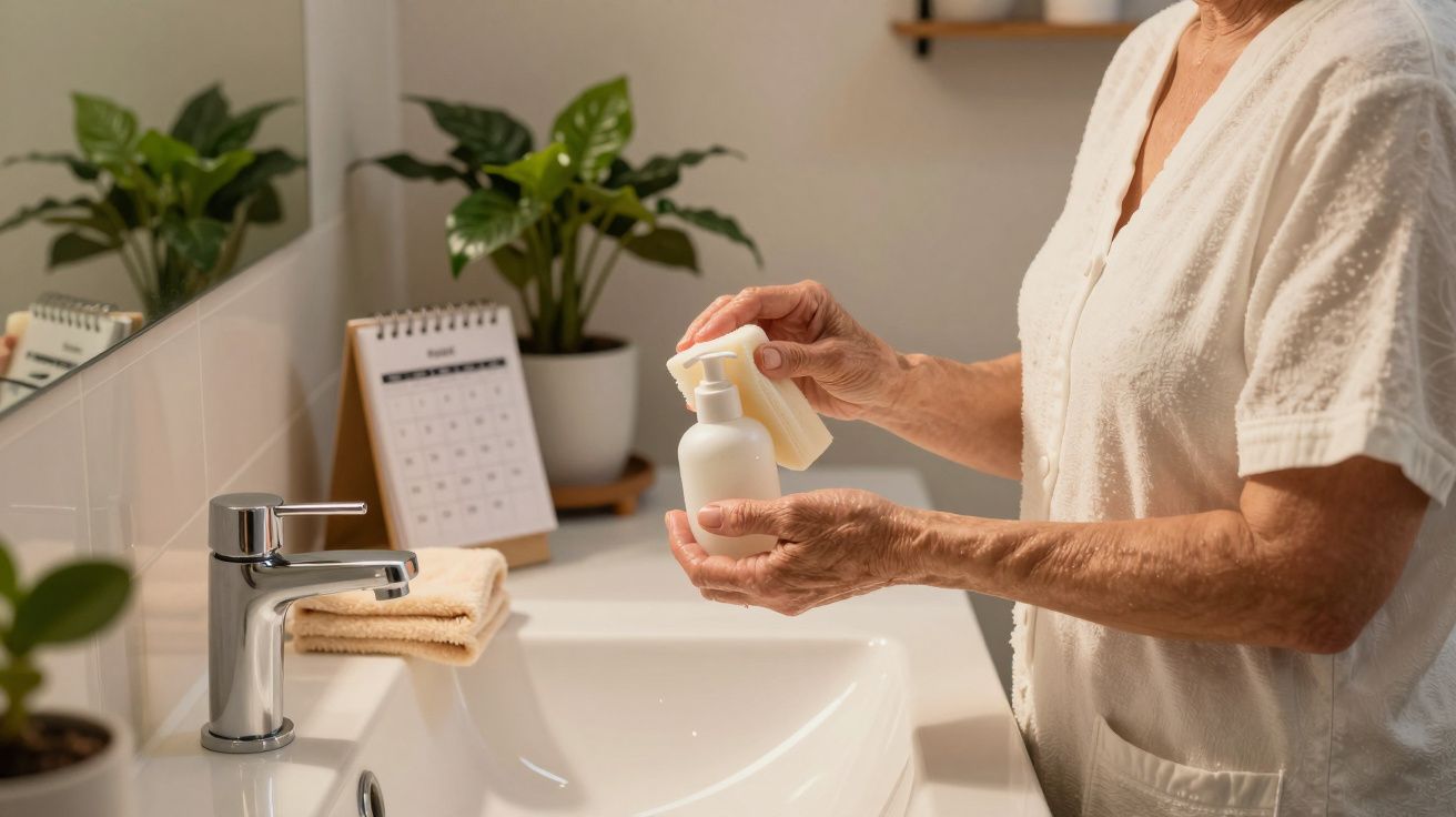Persona mayor usando dispensador de jabón frente al lavabo del baño, con plantas y un calendario en el fondo.