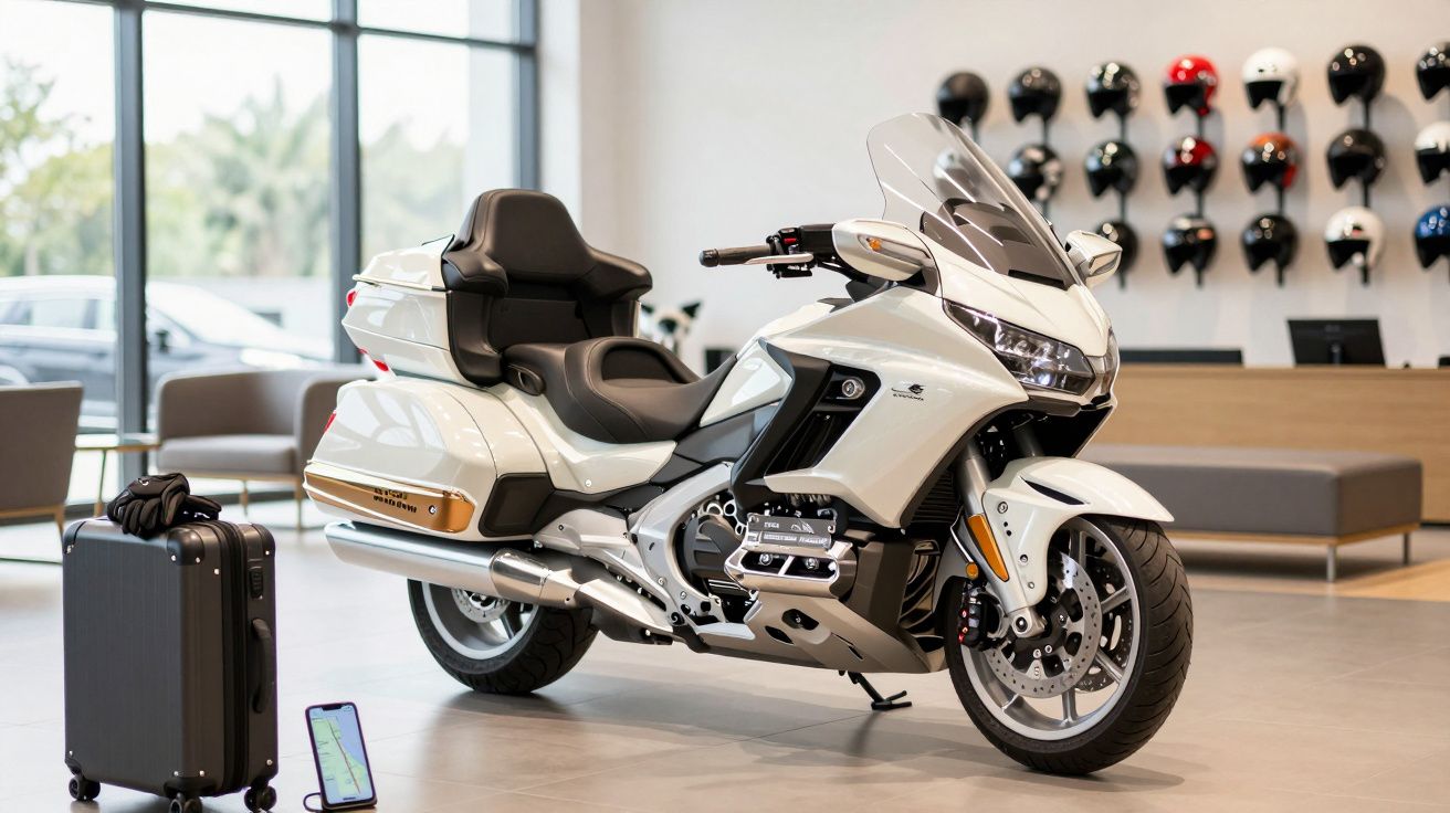 Moto blanca estacionada en un showroom, junto a una maleta y un teléfono. Casco de moto expuestos en la pared.