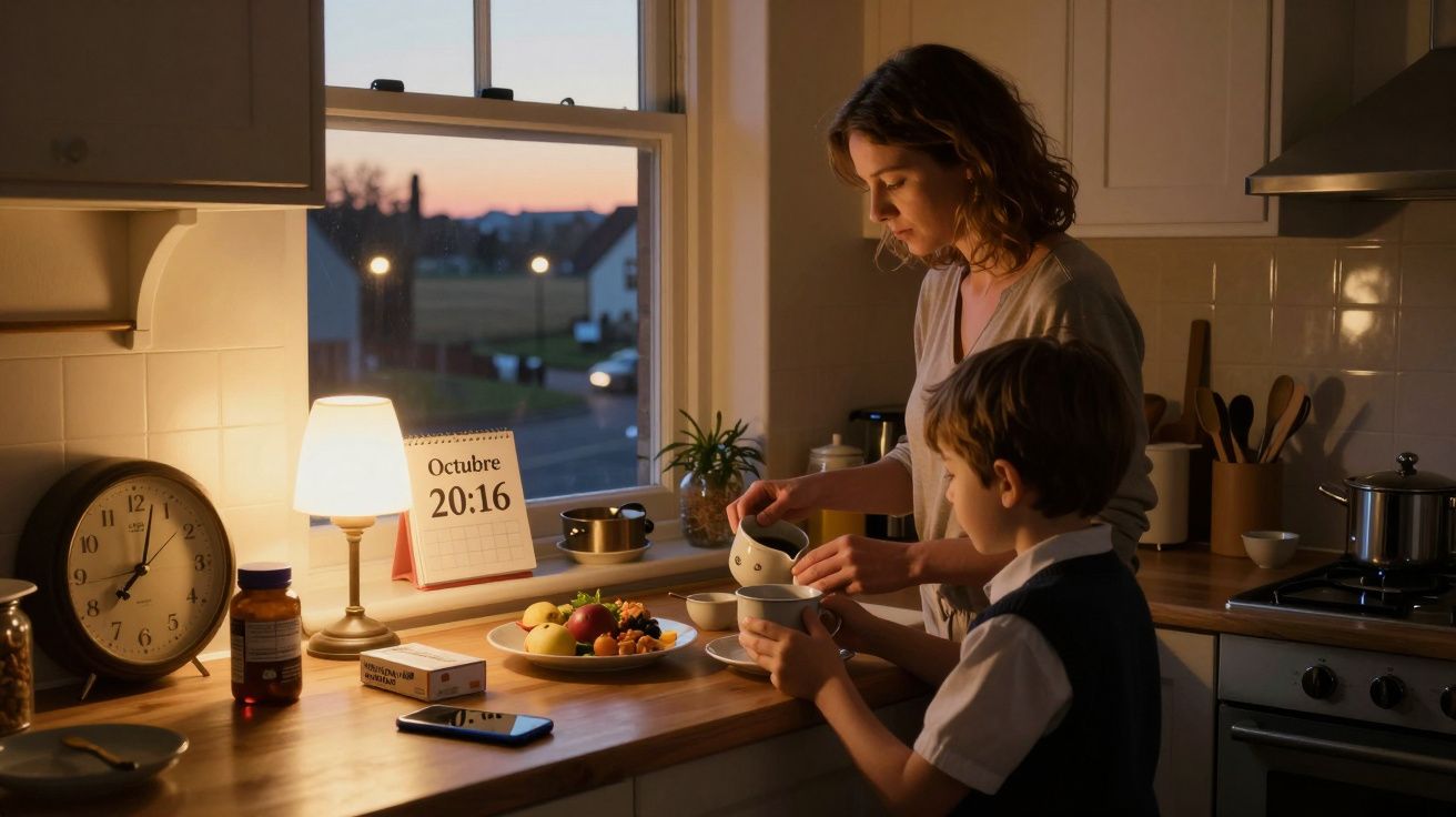 Mujer y niño en cocina iluminada al atardecer, ella vierte leche en un bol mientras él observa. Mesa con lámpara, reloj y fru