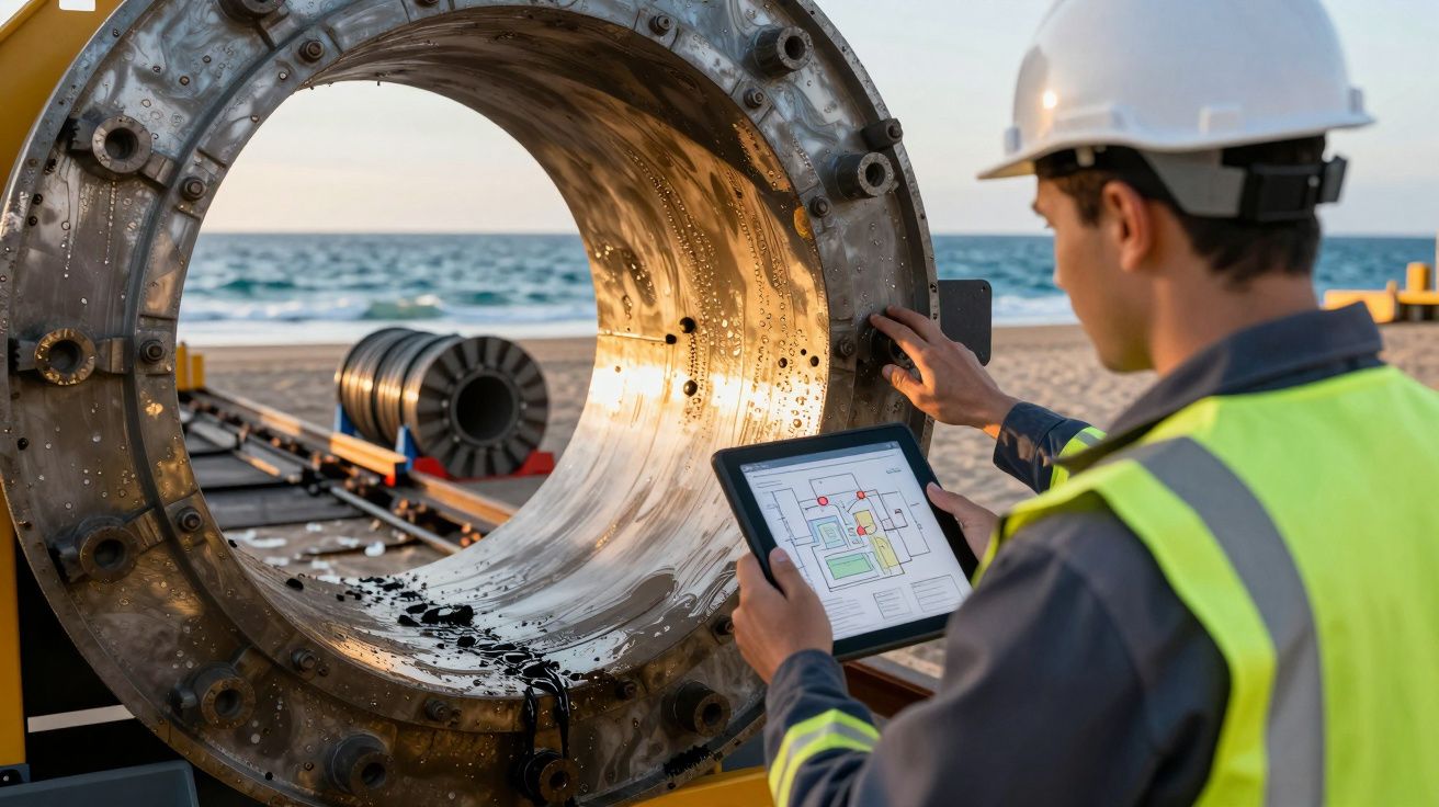 Trabajador con chaleco y casco inspecciona tubería gigante en la playa usando una tableta con plano, mar de fondo.