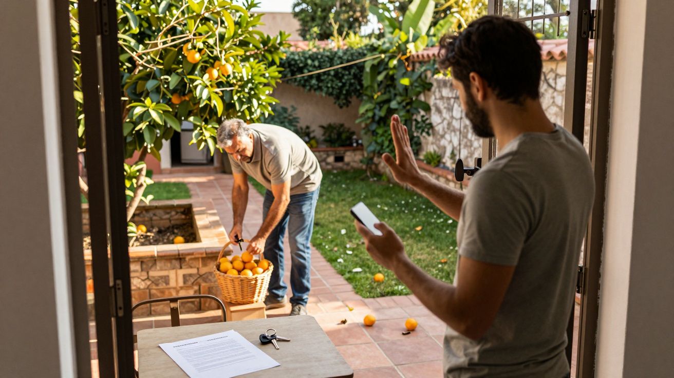 Hombre joven con móvil observa a otro recogiendo naranjas en un jardín con cesta y documentos en la mesa.