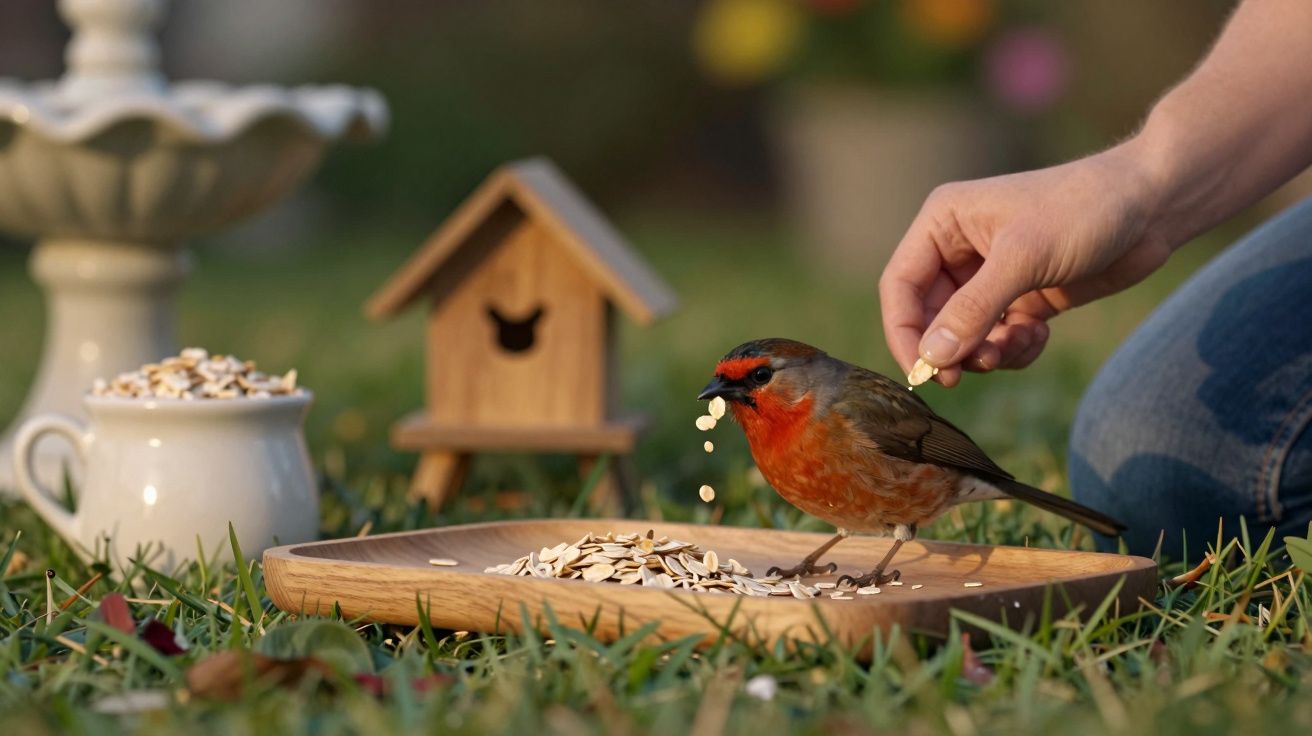 Un petirrojo come semillas de un plato en el césped, mientras una mano añade más, cerca de una casita de pájaros.