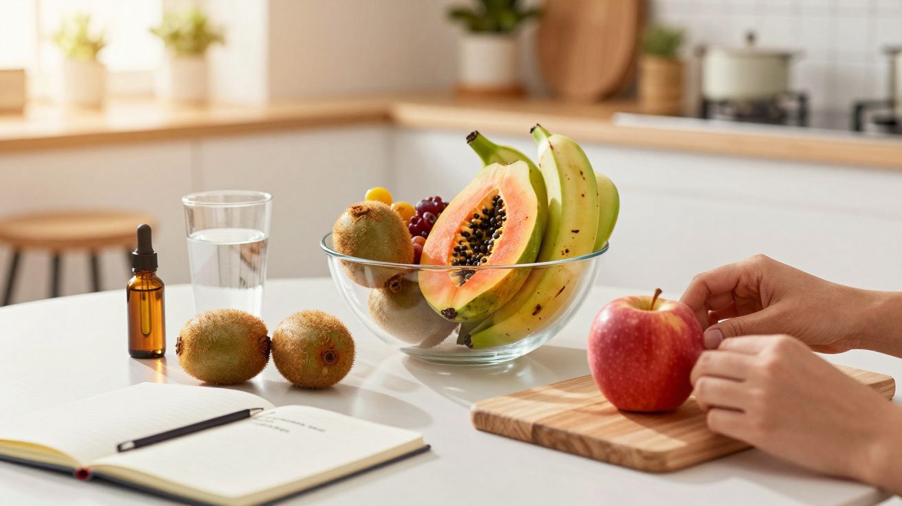Frutas en bol de cristal en una cocina, con mano cogiendo manzana roja y una libreta abierta al lado.