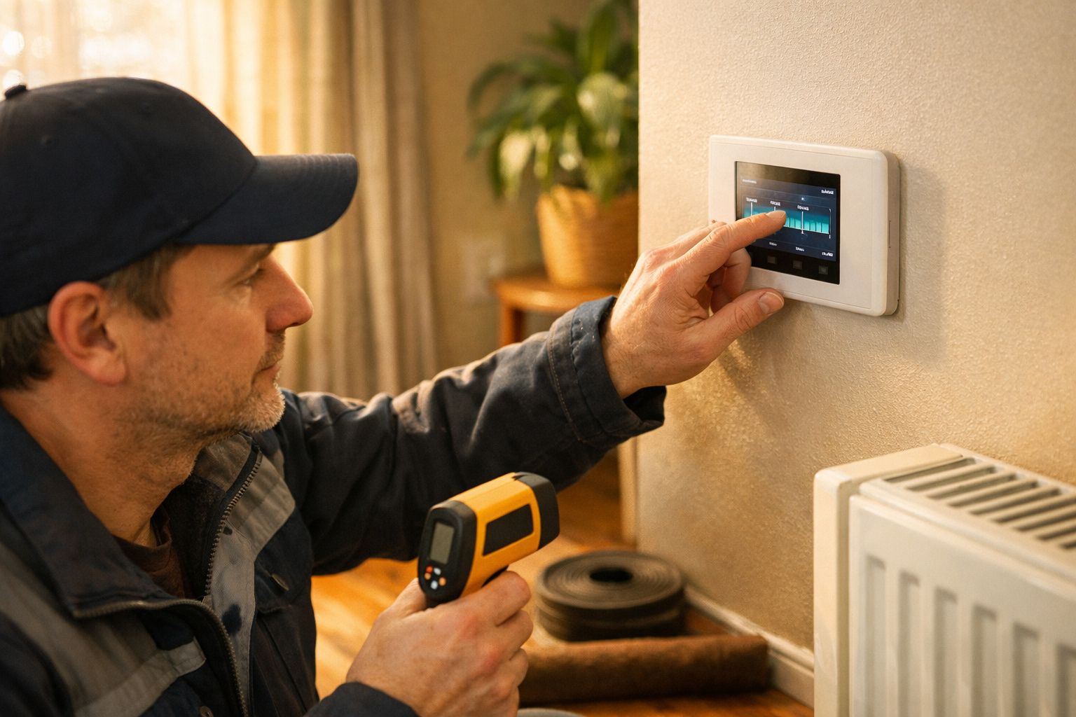 Hombre ajustando termostato inteligente en pared con smartphone, mostrando temperatura interior 21°C en pantalla.
