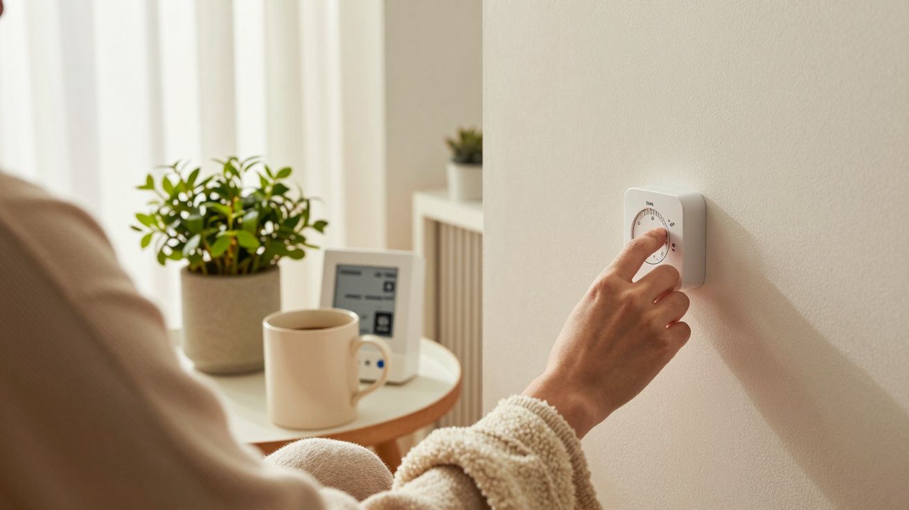 Persona ajustando un termostato en la pared junto a una mesa con planta, taza y dispositivo.