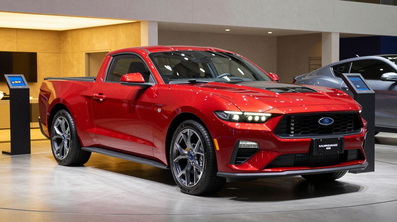 Coche deportivo rojo en exhibición en un salón del automóvil, con llantas de aleación y techo negro.