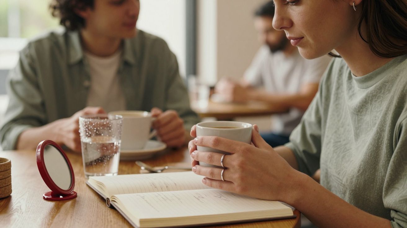 Mujer sosteniendo taza, sentada en café con otra persona, cuaderno abierto sobre la mesa.