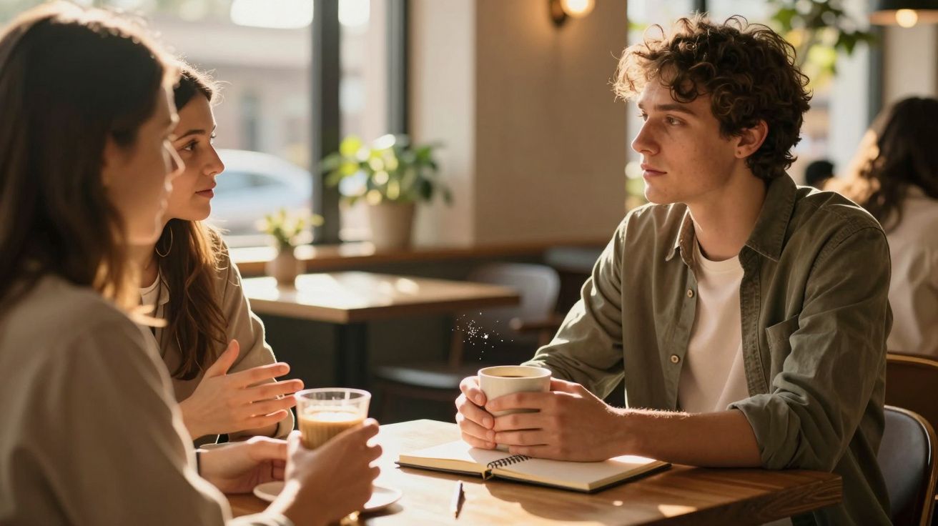 Tres personas conversando en una cafetería, con café y cuadernos sobre la mesa, luz natural entra por la ventana.