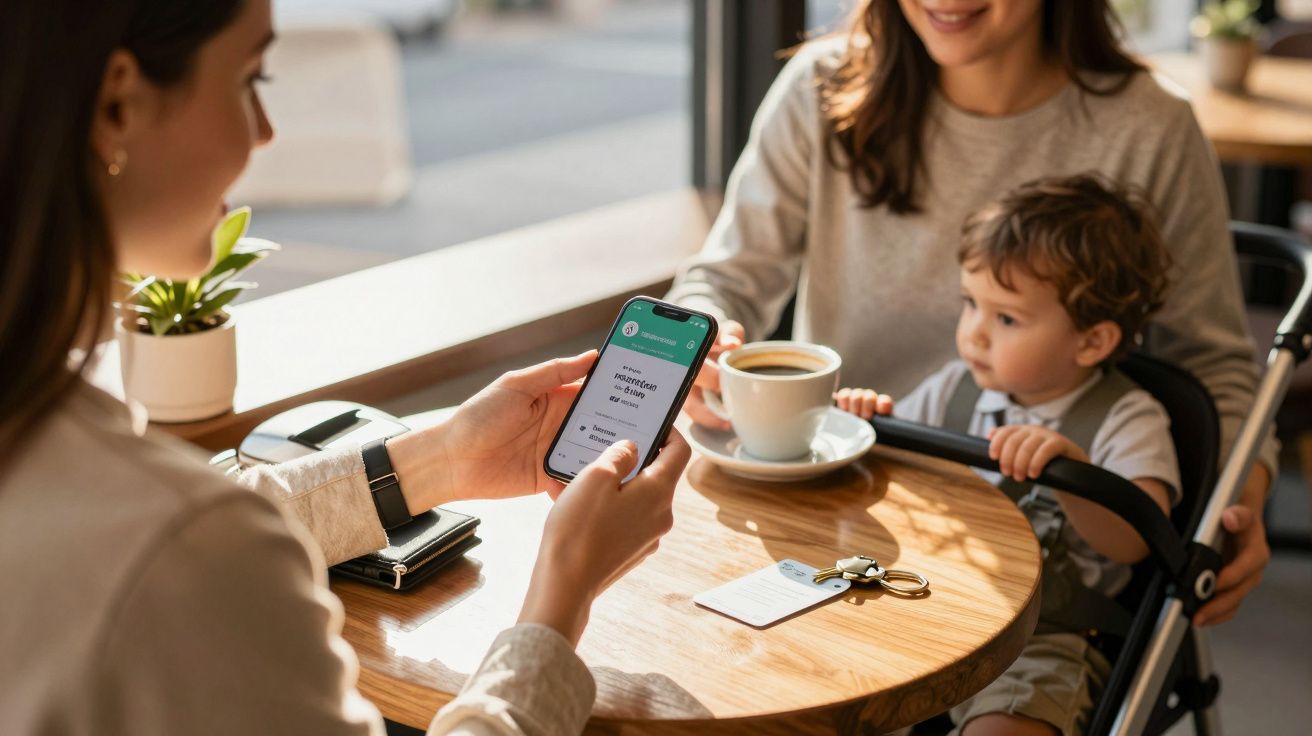 Mujer mostrando su teléfono móvil a otra mujer con un niño en una cafetería, junto a una taza de café y llaves sobre la mesa.