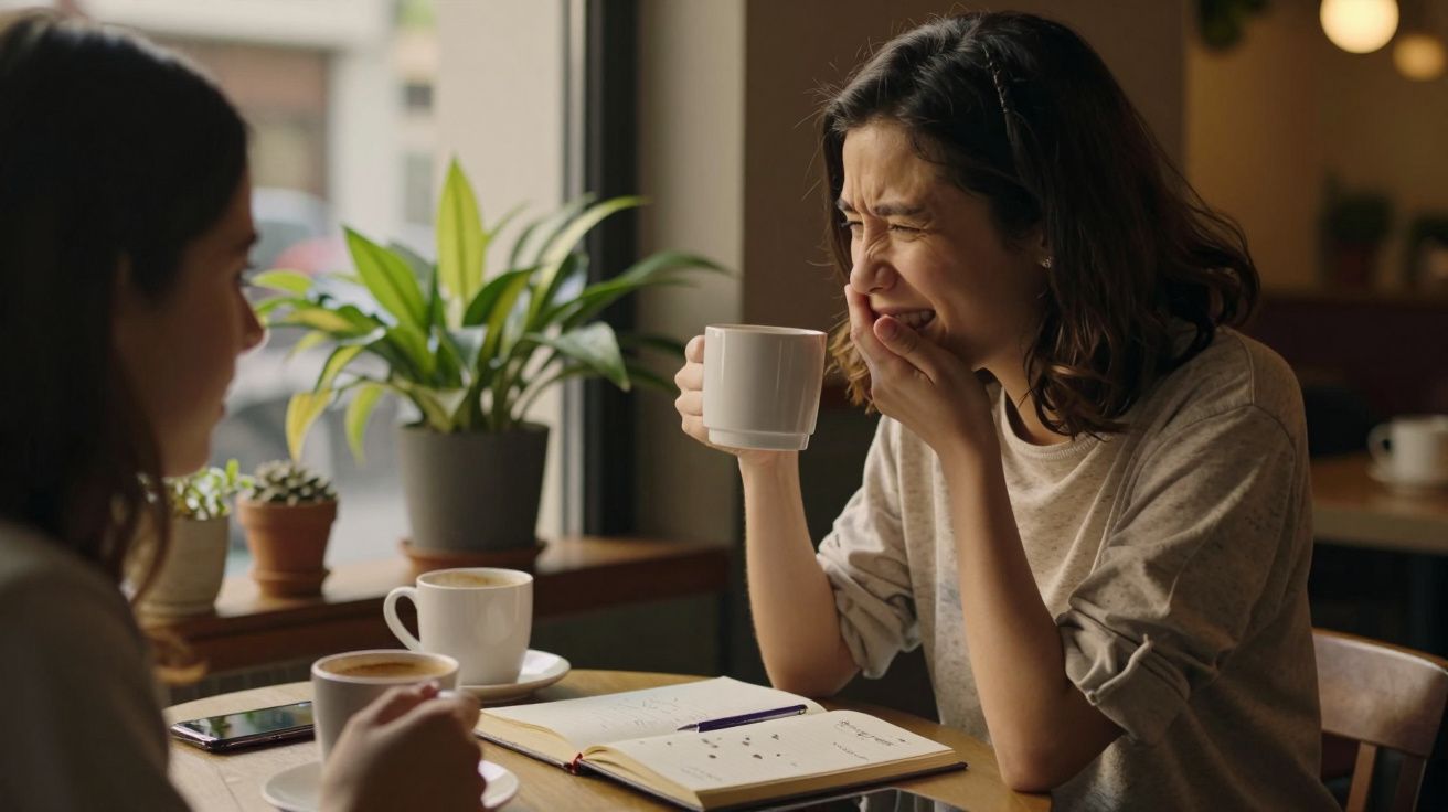 Mujer riendo con una taza de café en la mano, sentada frente a otra persona en una cafetería.