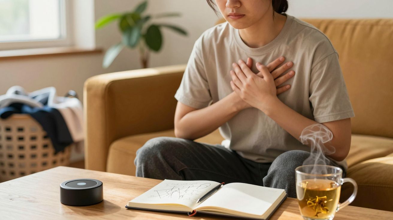 Persona meditando en un sofá con manos en el pecho, con taza de té, libreta abierta y altavoz inteligente en la mesa.