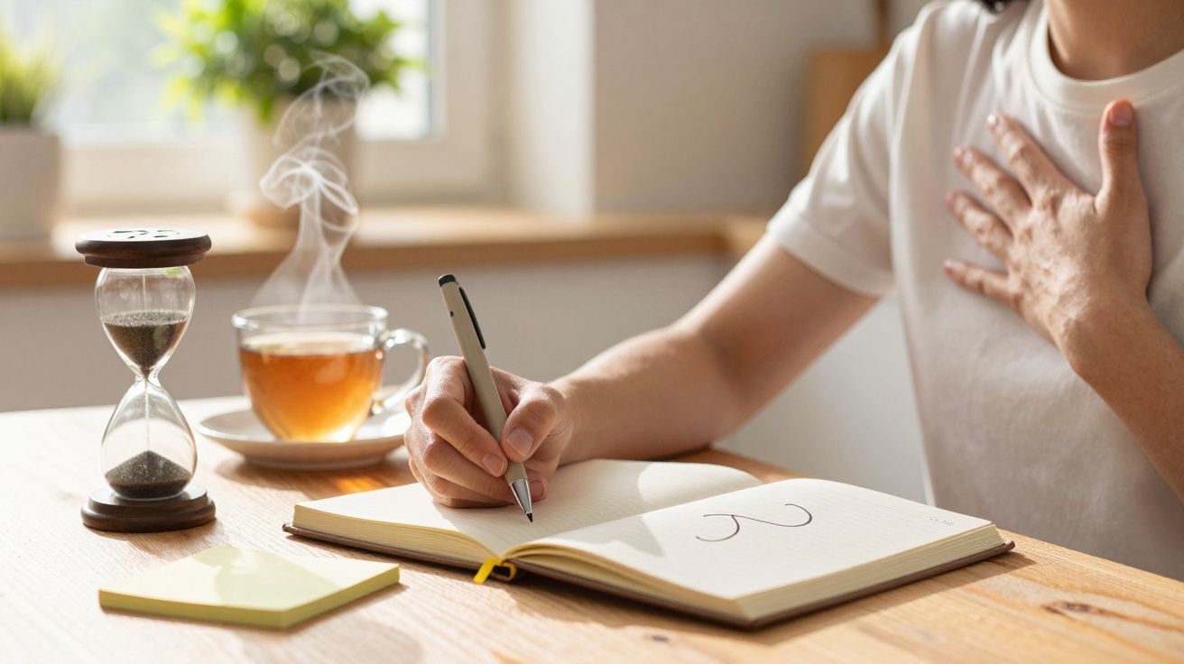 Persona escribiendo en un cuaderno con un bolígrafo. Taza de té y reloj de arena sobre la mesa de madera.