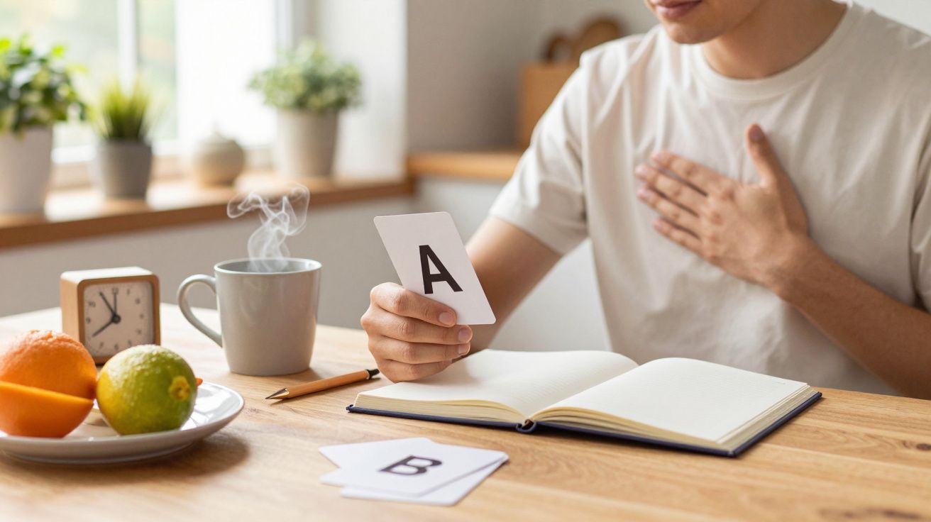 Persona estudiando con cartas de letras en una mesa, junto a una libreta abierta, una taza de café y un reloj.