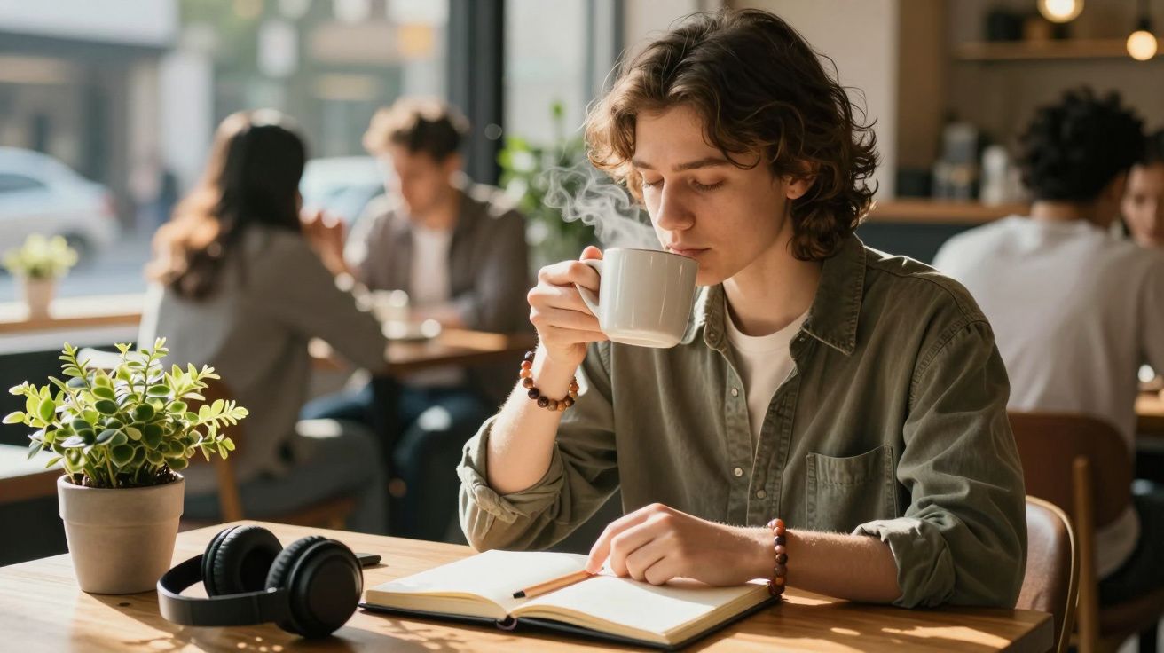 Persona joven bebiendo café en una cafetería, sentado junto a una ventana, con libros y auriculares en la mesa.
