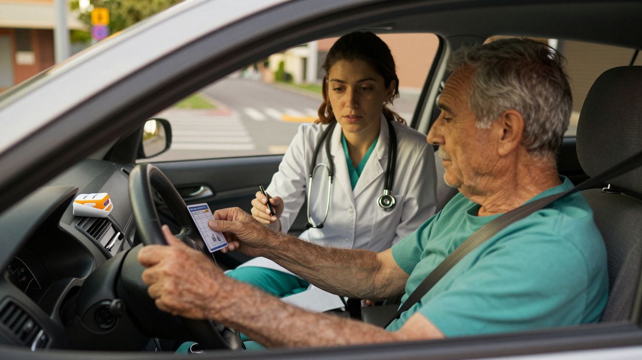 Doctora consulta a hombre mayor dentro de un coche estacionado.