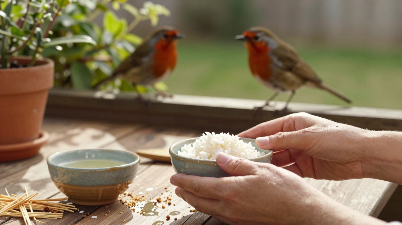 Manos sosteniendo un cuenco de arroz, dos petirrojos en el fondo sobre una mesa de madera junto a plantas en maceta.