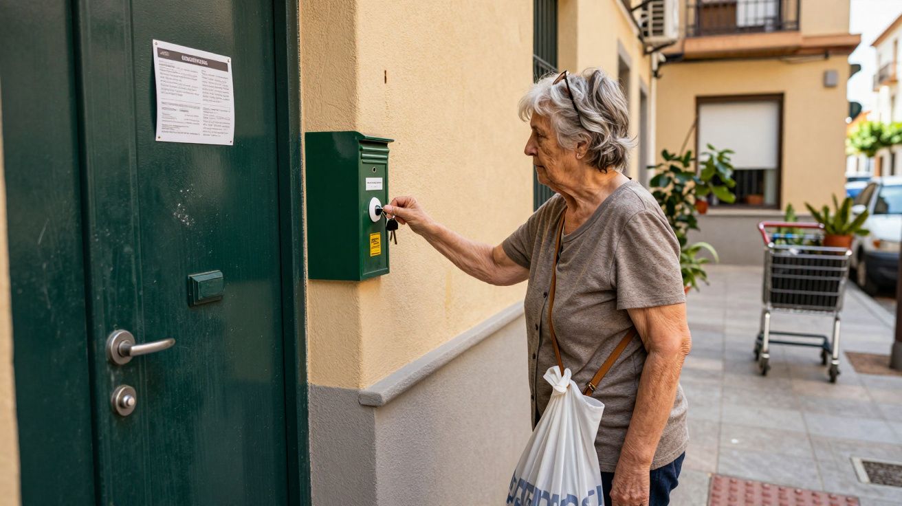 Mujer mayor insertando una carta en un buzón verde, con una bolsa de compras, en una calle residencial.
