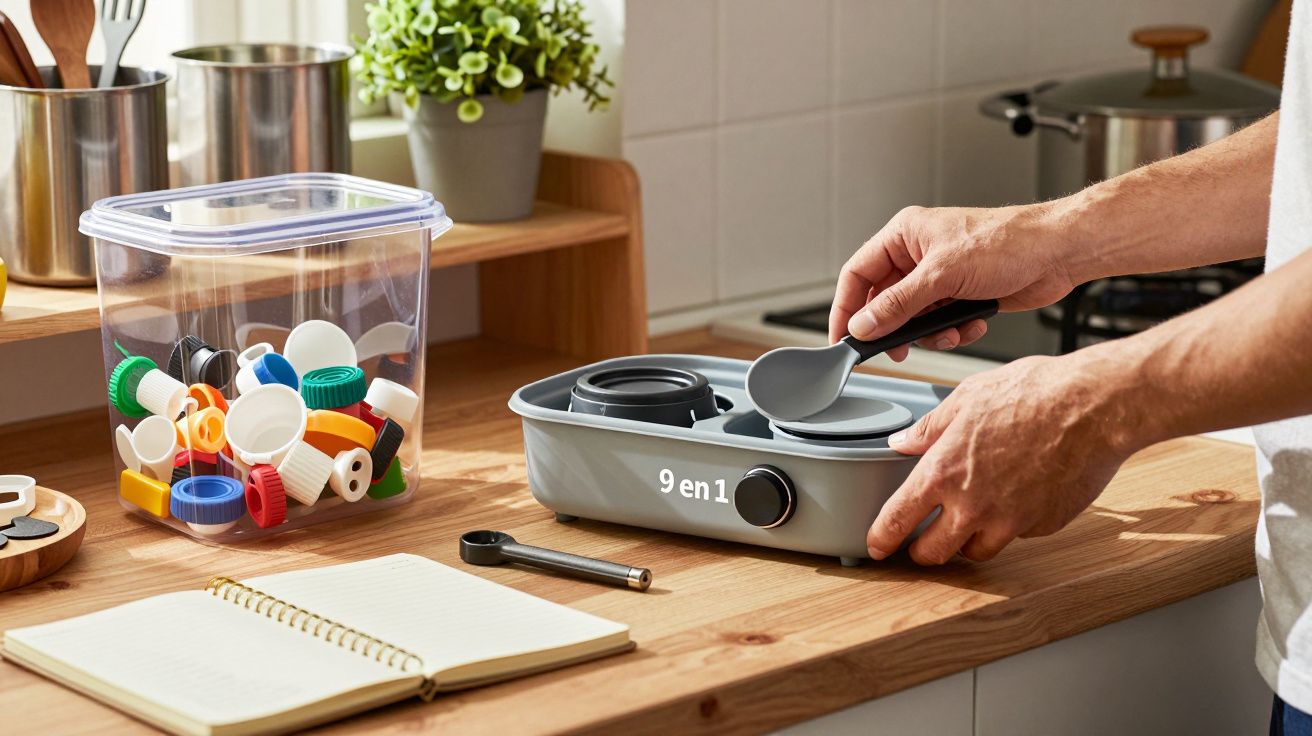 Persona usando un conjunto de utensilios de cocina 9 en 1 sobre una encimera de madera, con tapas de plástico al lado.