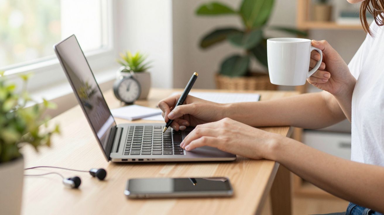 Persona trabajando en un portátil con una taza de café, auriculares y móvil sobre el escritorio.