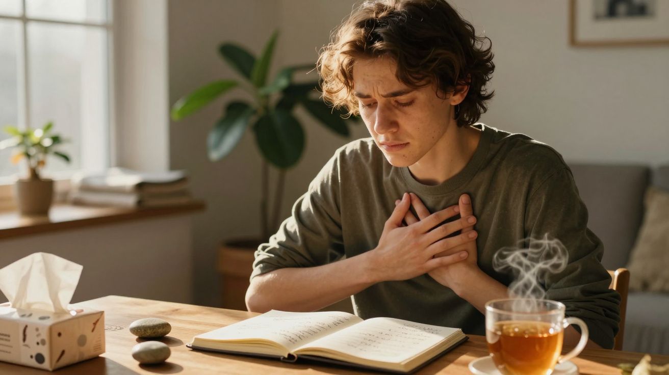 Joven con las manos en el pecho, sentado frente a un cuaderno y una taza de té humeante en una mesa de madera.