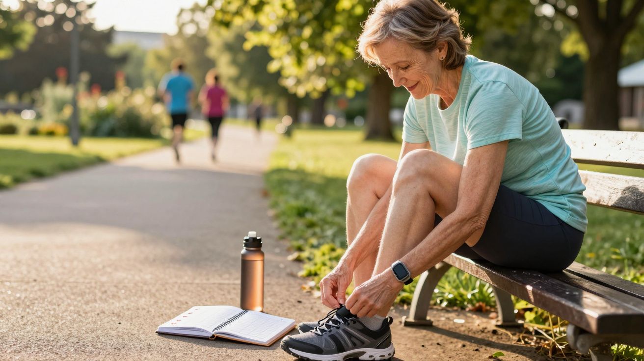 Mujer mayor atando sus zapatillas en un banco del parque, junto a una libreta y una botella, mientras otros corren al fondo.