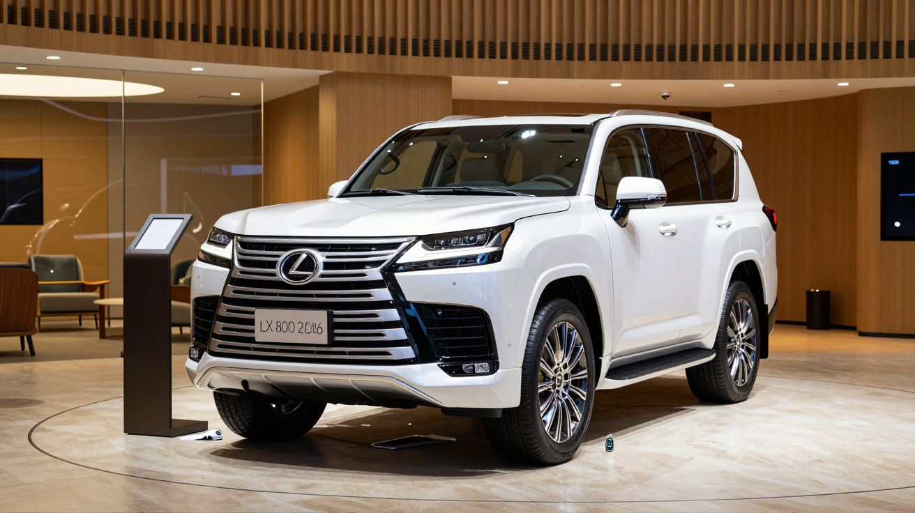 Coche SUV blanco de lujo en exposición interior con detalles modernos y elegantes en un showroom iluminado.