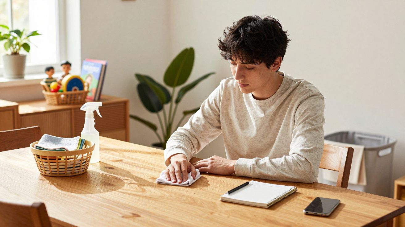 Hombre limpiando una mesa de madera en un comedor, con un teléfono, libreta y cesta al lado.