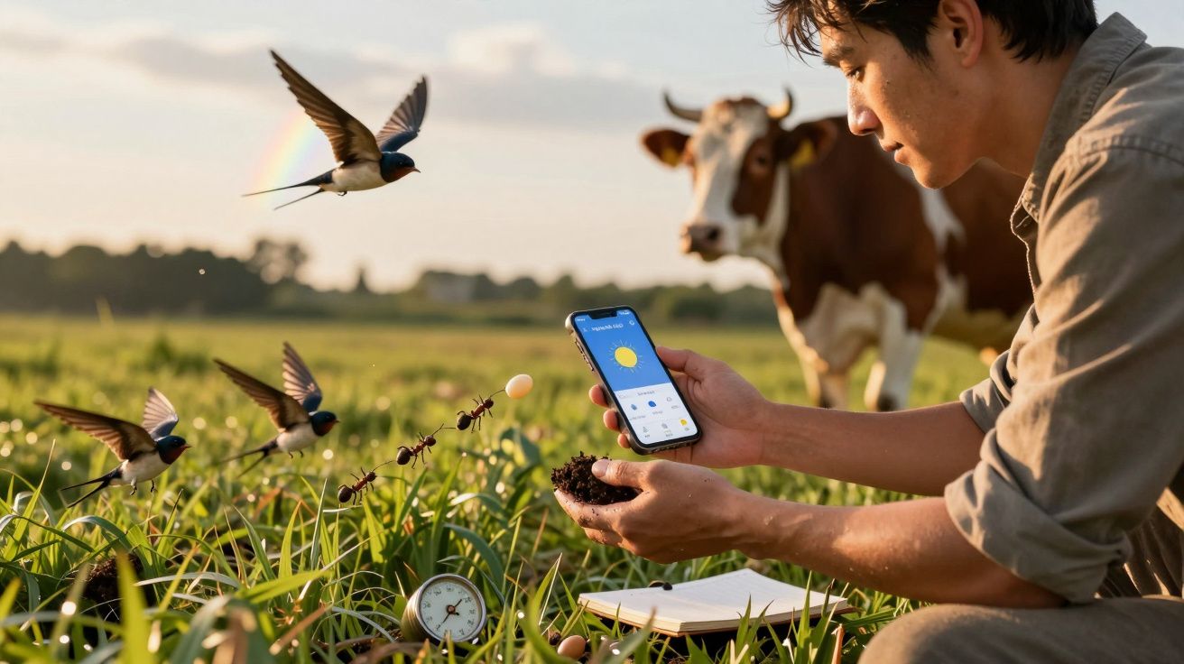 Hombre en un campo, sosteniendo un móvil y tierra, con una vaca y aves cerca, bajo un cielo con arcoíris.