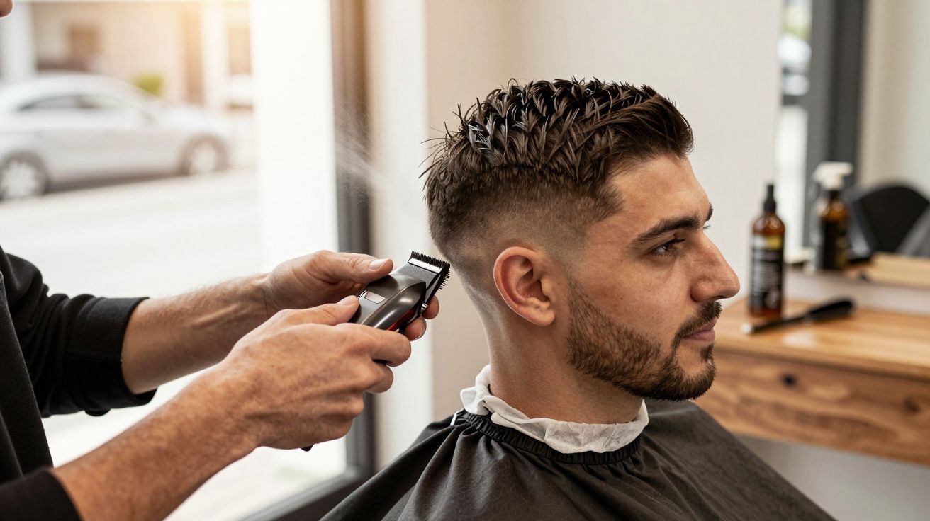 Hombre en barbería recibiendo corte de pelo con maquinilla, mirando hacia la ventana.