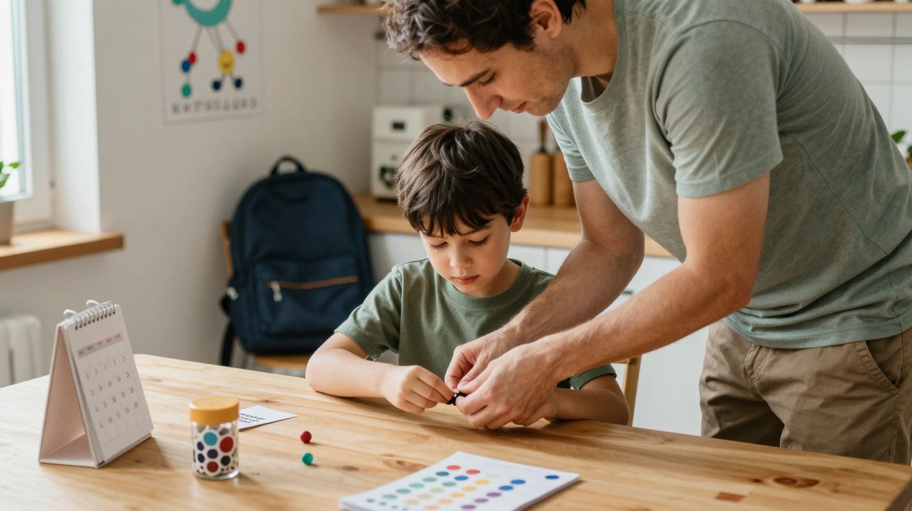 Hombre y niño en una mesa de madera haciendo una manualidad con bolitas de colores en una cocina iluminada.